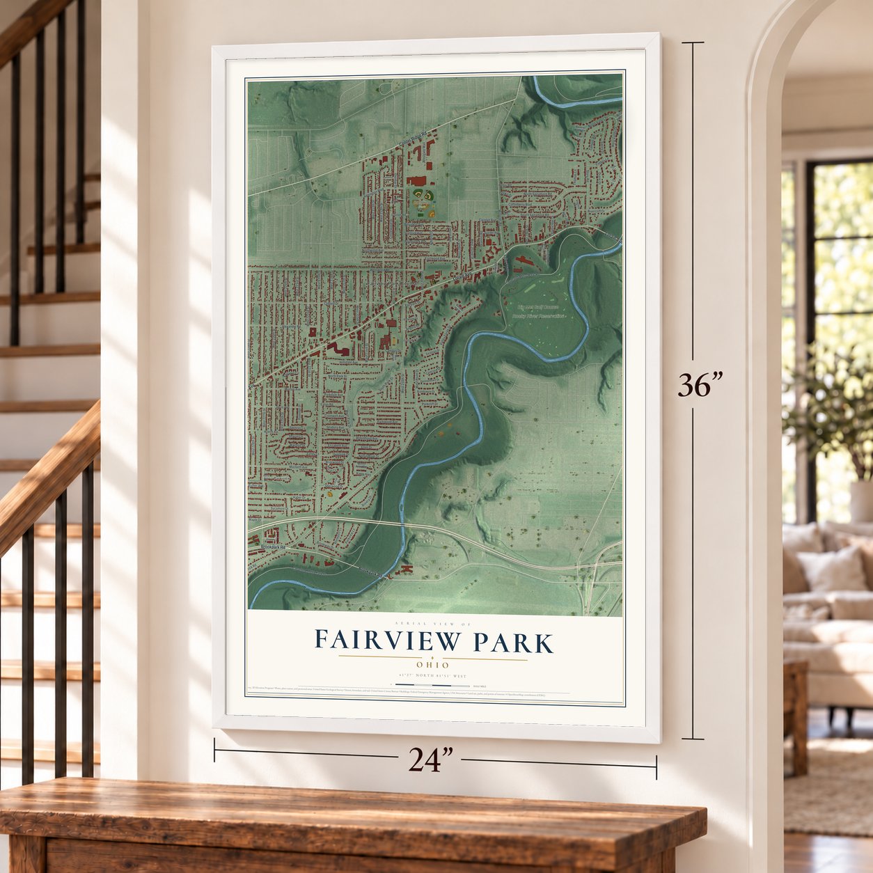 Fairview Park, Ohio map, 24 x 36 inch print in a white frame by a staircase