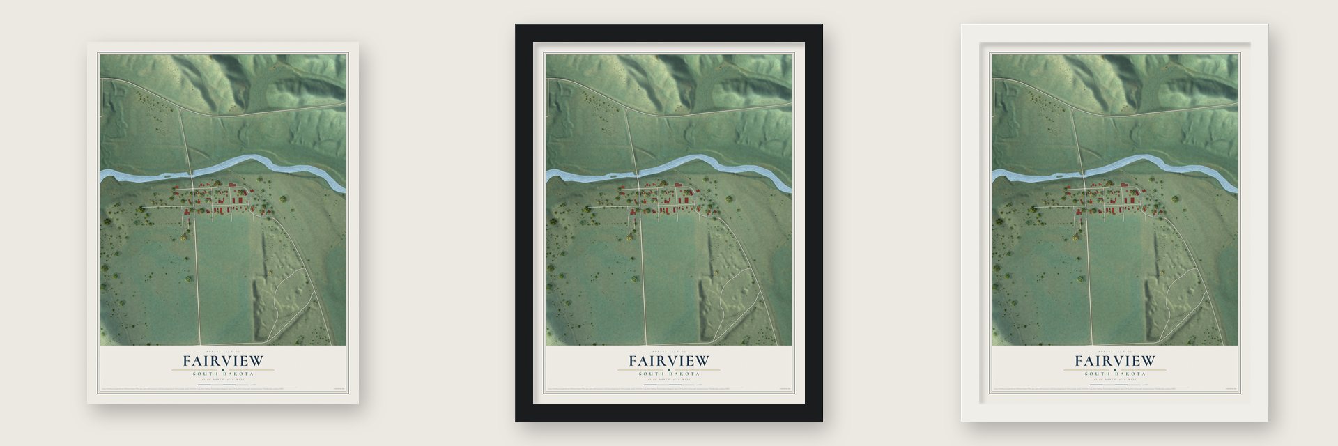 Fairview, South Dakota map unframed, in a black wood frame and in a white wood frame