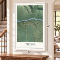 Fairview, South Dakota map, 24 x 36 inch print in a white frame by a staircase