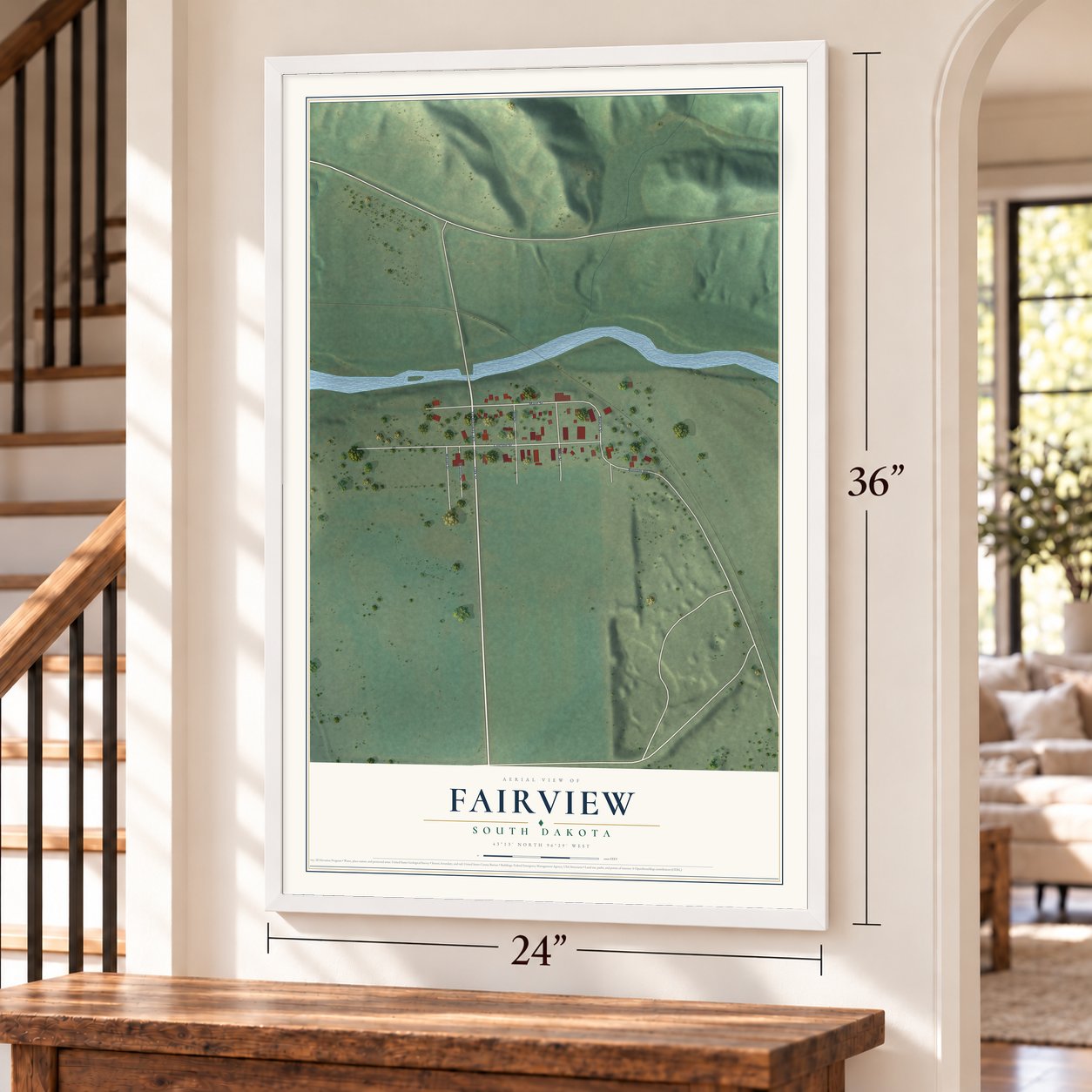 Fairview, South Dakota map, 24 x 36 inch print in a white frame by a staircase