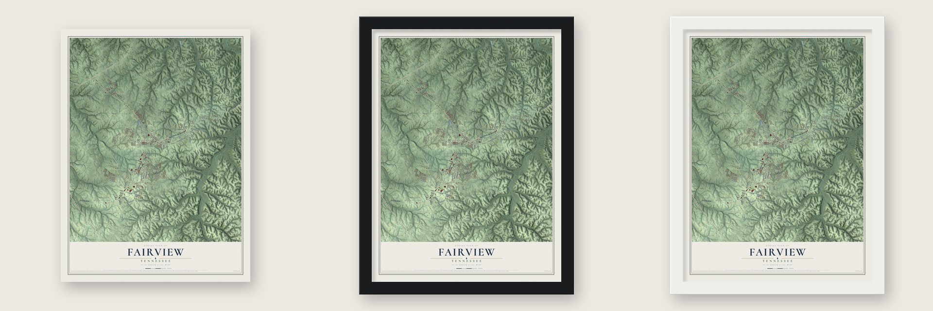 Fairview, Tennessee map unframed, in a black wood frame and in a white wood frame