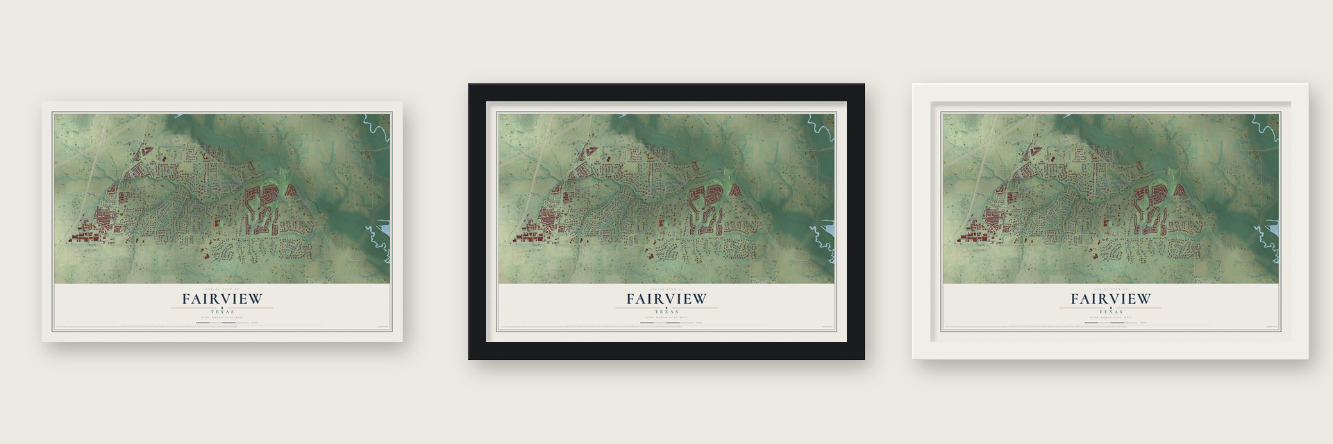 Fairview, Texas map unframed, in a black wood frame and in a white wood frame