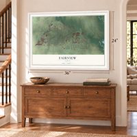 Fairview, Texas map, 24 x 36 inch print in a white frame above a dresser by a staircase