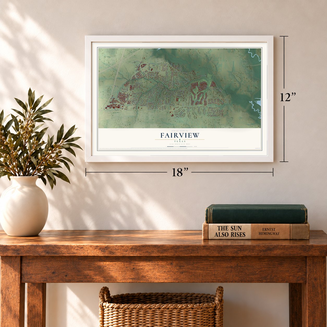 Fairview, Texas map, 12 x 18 inch print in a white frame in an entryway