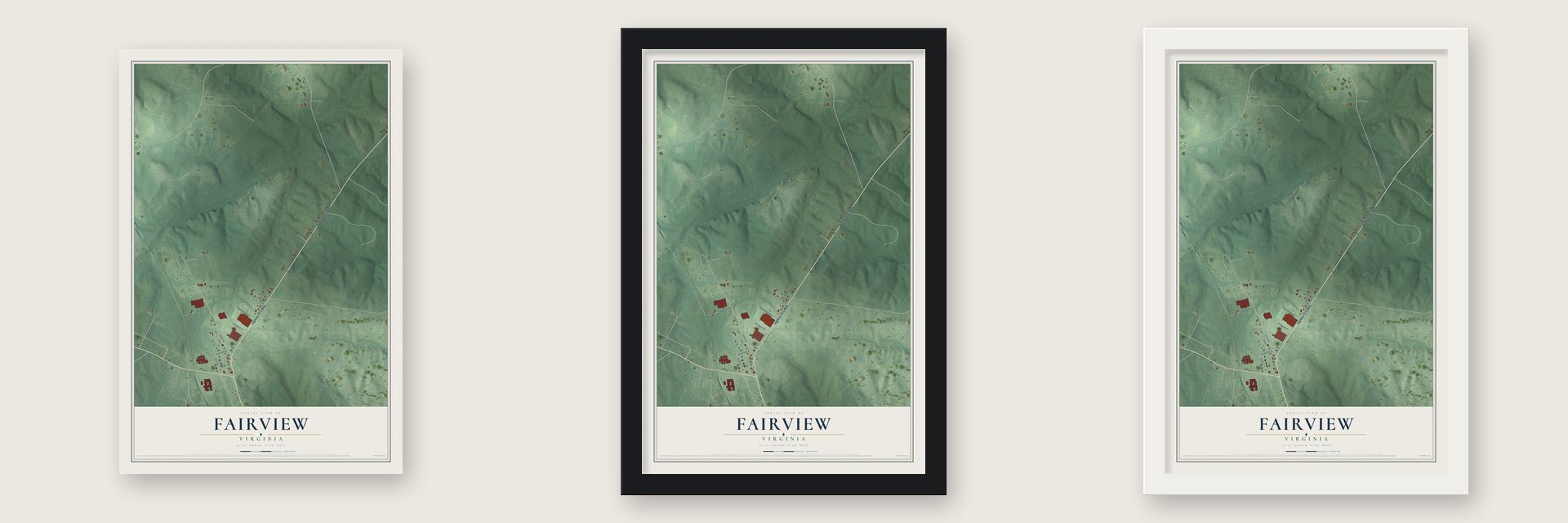 Fairview, Virginia map unframed, in a black wood frame and in a white wood frame