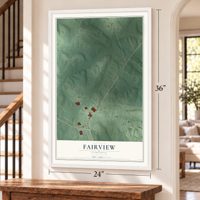 Fairview, Virginia map, 24 x 36 inch print in a white frame by a staircase