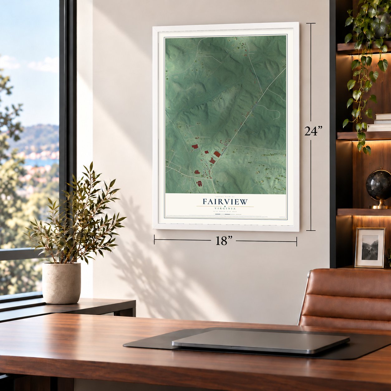 Fairview, Virginia map, 18 x 24 inch print in a white frame in a home office