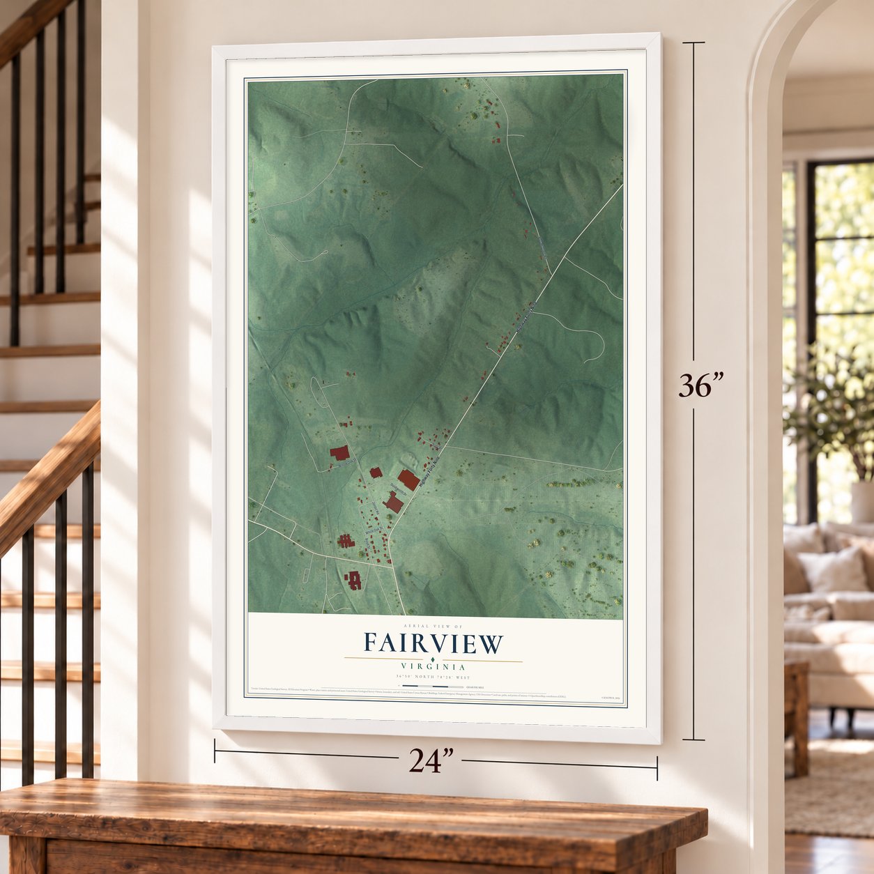 Fairview, Virginia map, 24 x 36 inch print in a white frame by a staircase
