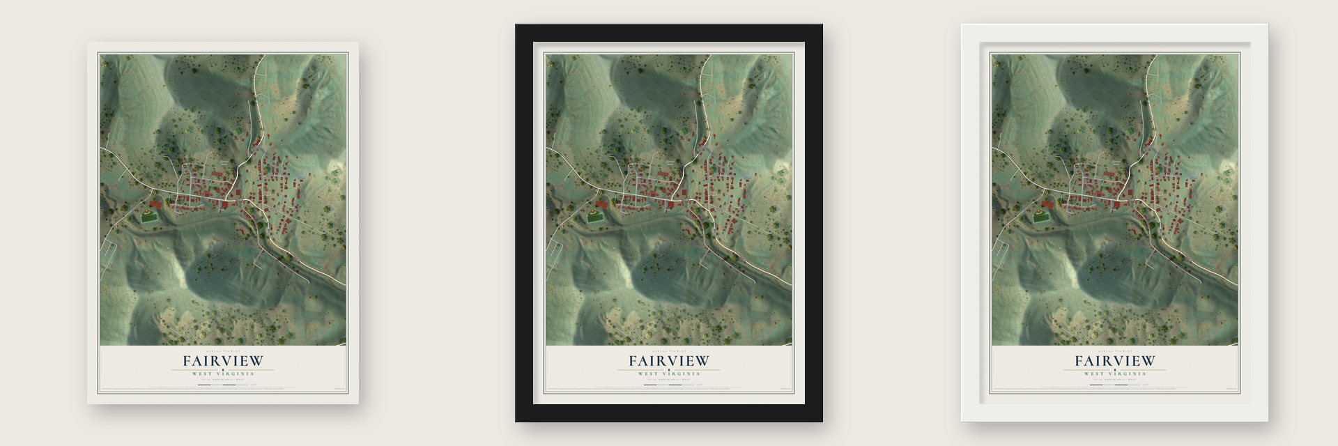 Fairview, West Virginia map unframed, in a black wood frame and in a white wood frame