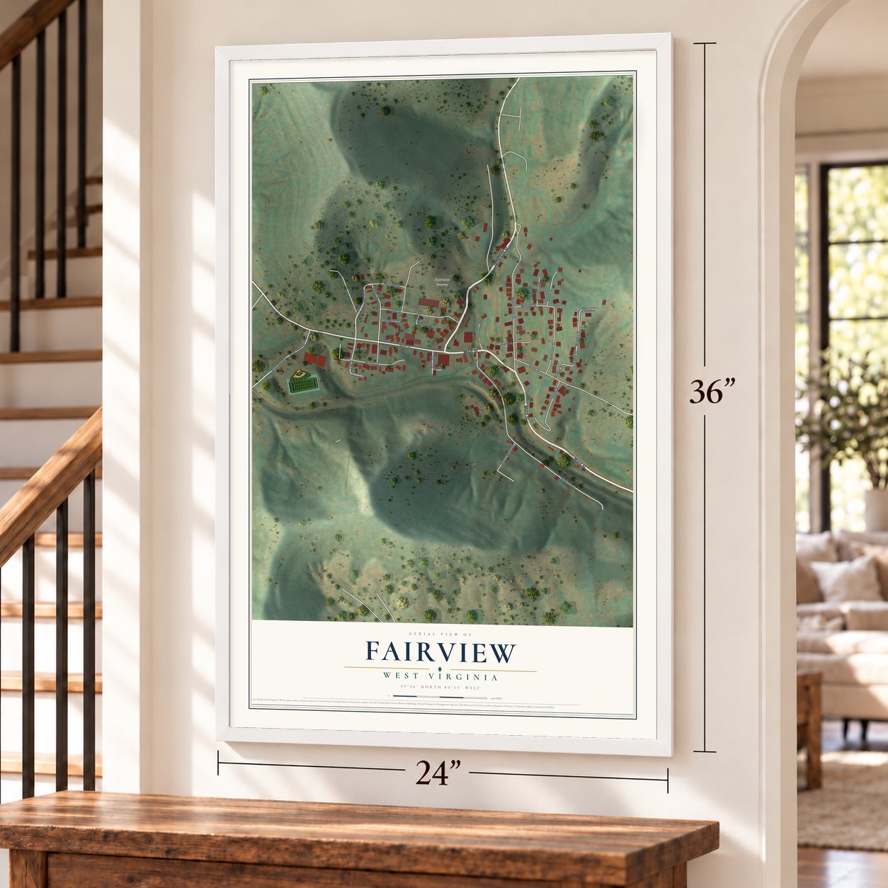 Fairview, West Virginia map, 24 x 36 inch print in a white frame by a staircase
