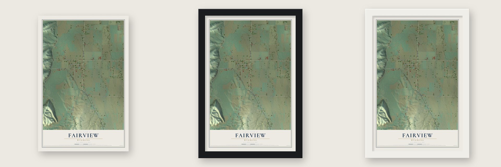 Fairview, Wyoming map unframed, in a black wood frame and in a white wood frame