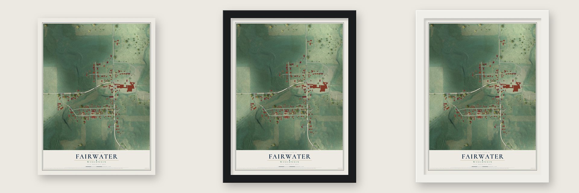 Fairwater, Wisconsin map unframed, in a black wood frame and in a white wood frame
