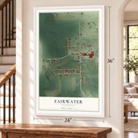 Fairwater, Wisconsin map, 24 x 36 inch print in a white frame by a staircase