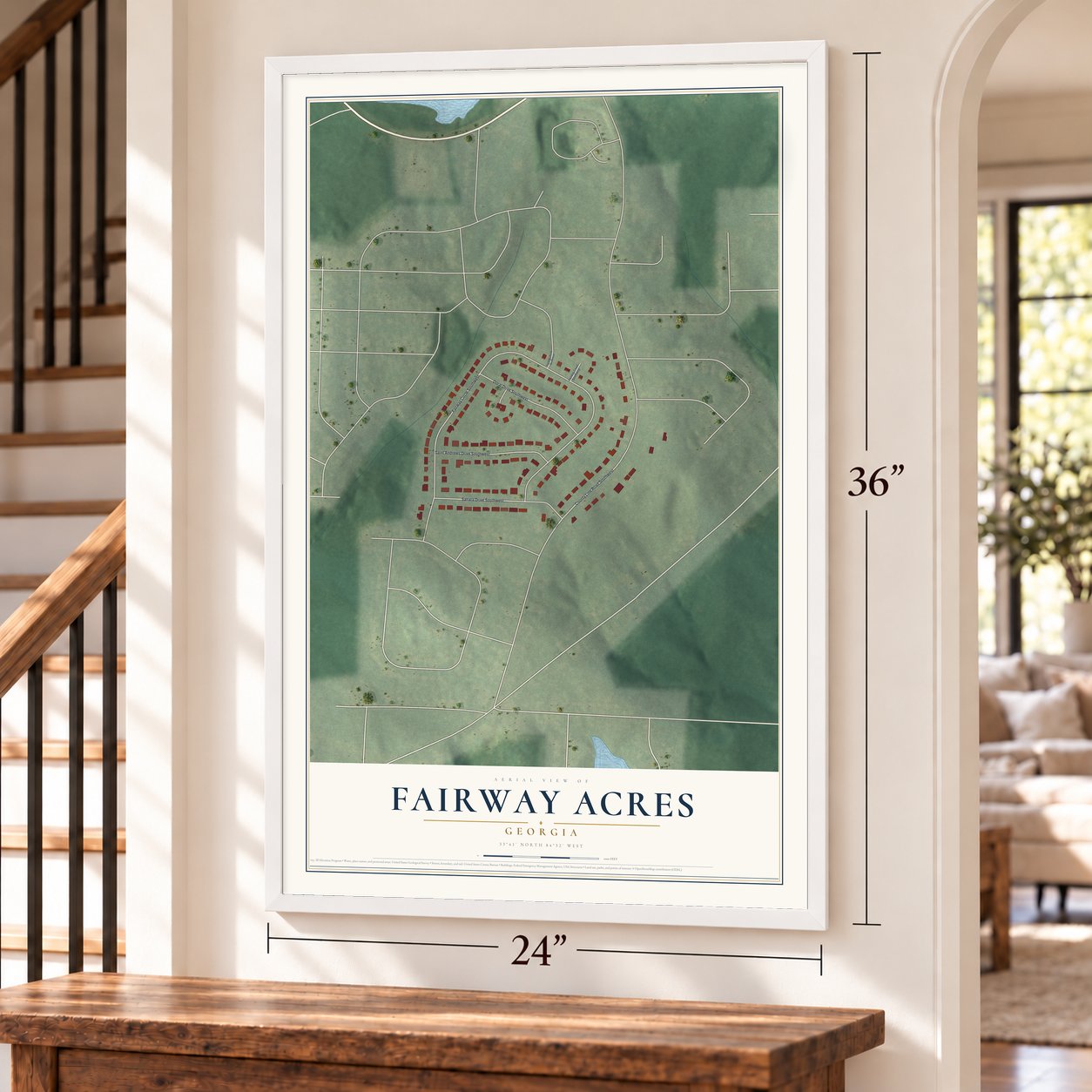 Fairway Acres, Georgia map, 24 x 36 inch print in a white frame by a staircase