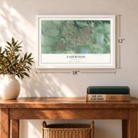 Fairwood, Washington map, 12 x 18 inch print in a white frame in an entryway