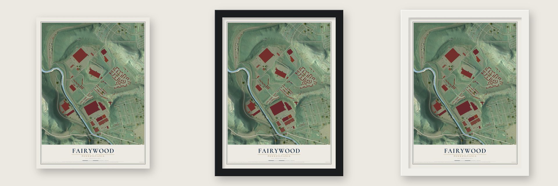Fairywood, Pennsylvania map unframed, in a black wood frame and in a white wood frame