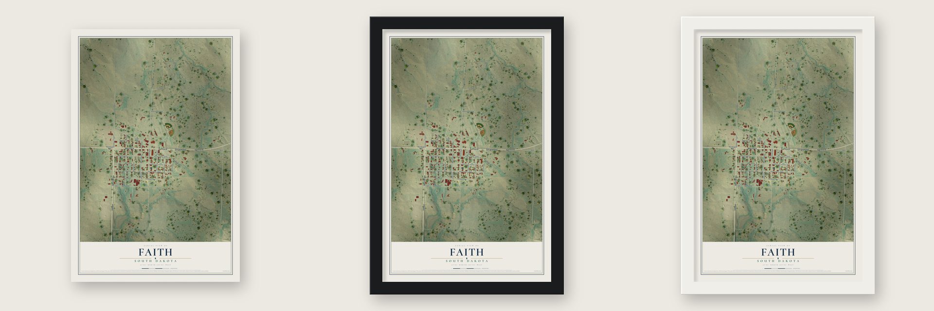 Faith, South Dakota map unframed, in a black wood frame and in a white wood frame