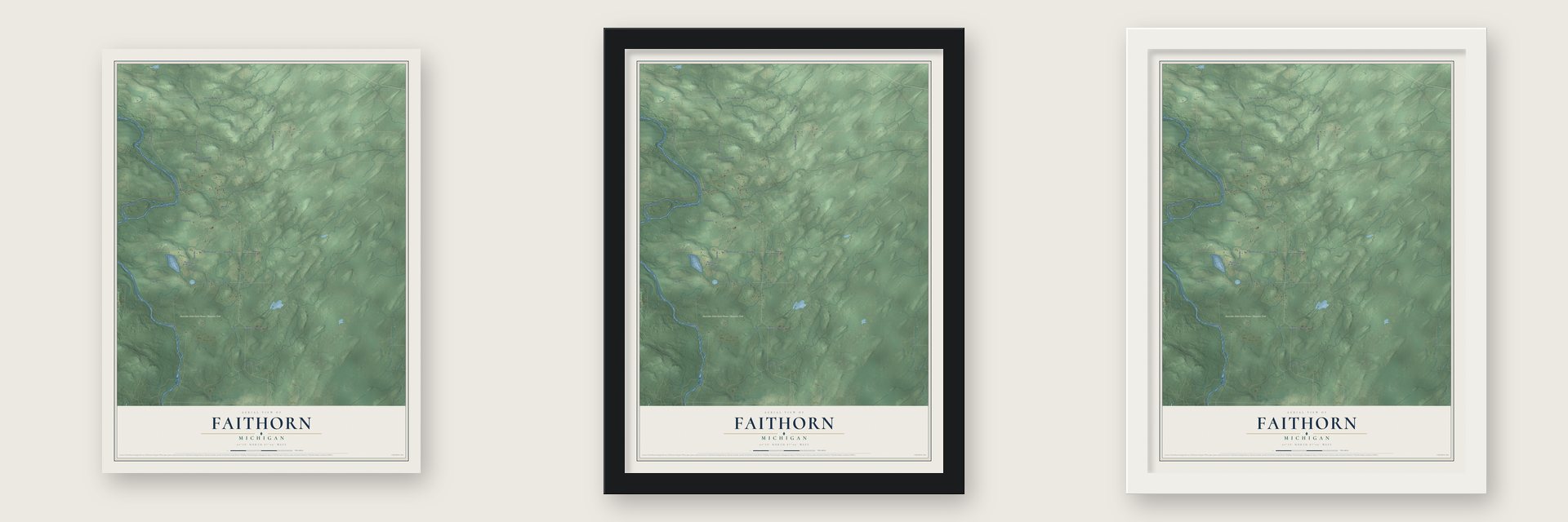 Faithorn, Michigan map unframed, in a black wood frame and in a white wood frame