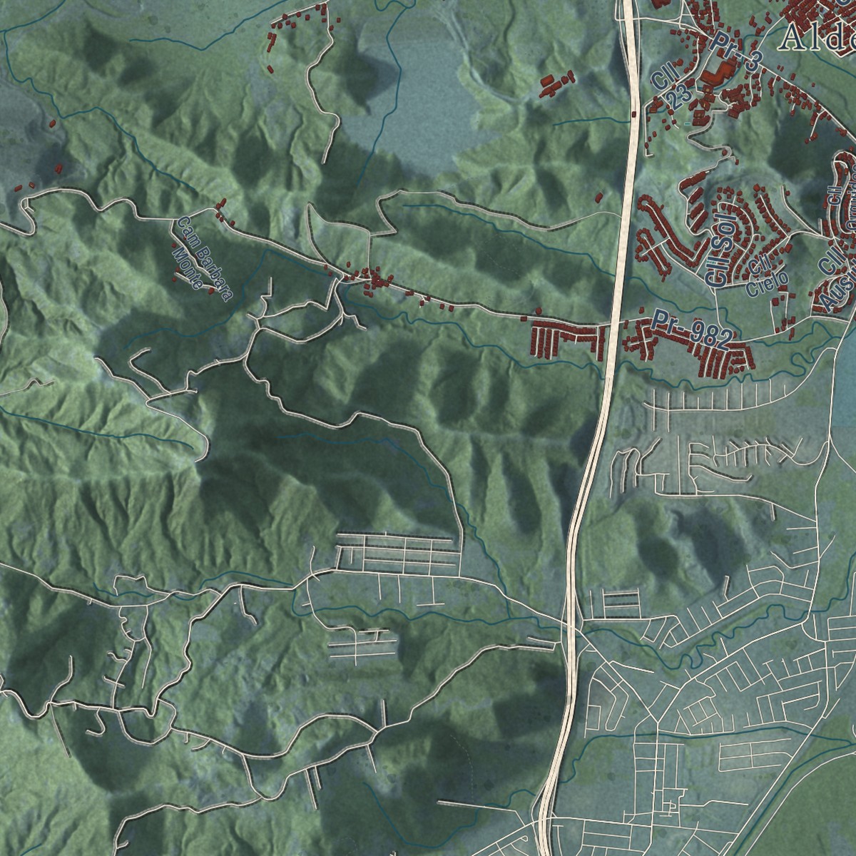 Second close-up of the map of Fajardo, Puerto Rico print showing more streets and buildings