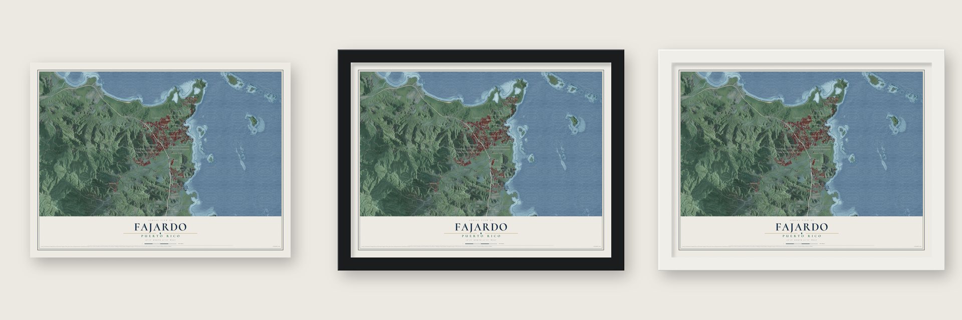 Fajardo, Puerto Rico map unframed, in a black wood frame and in a white wood frame