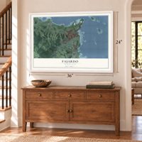 Fajardo, Puerto Rico map, 24 x 36 inch print in a white frame above a dresser by a staircase