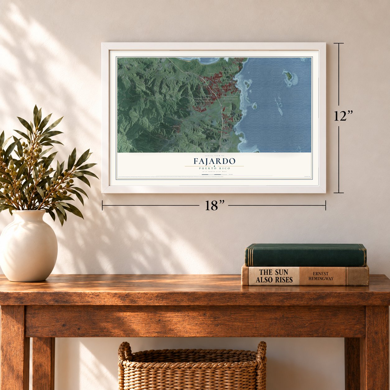 Fajardo, Puerto Rico map, 12 x 18 inch print in a white frame in an entryway