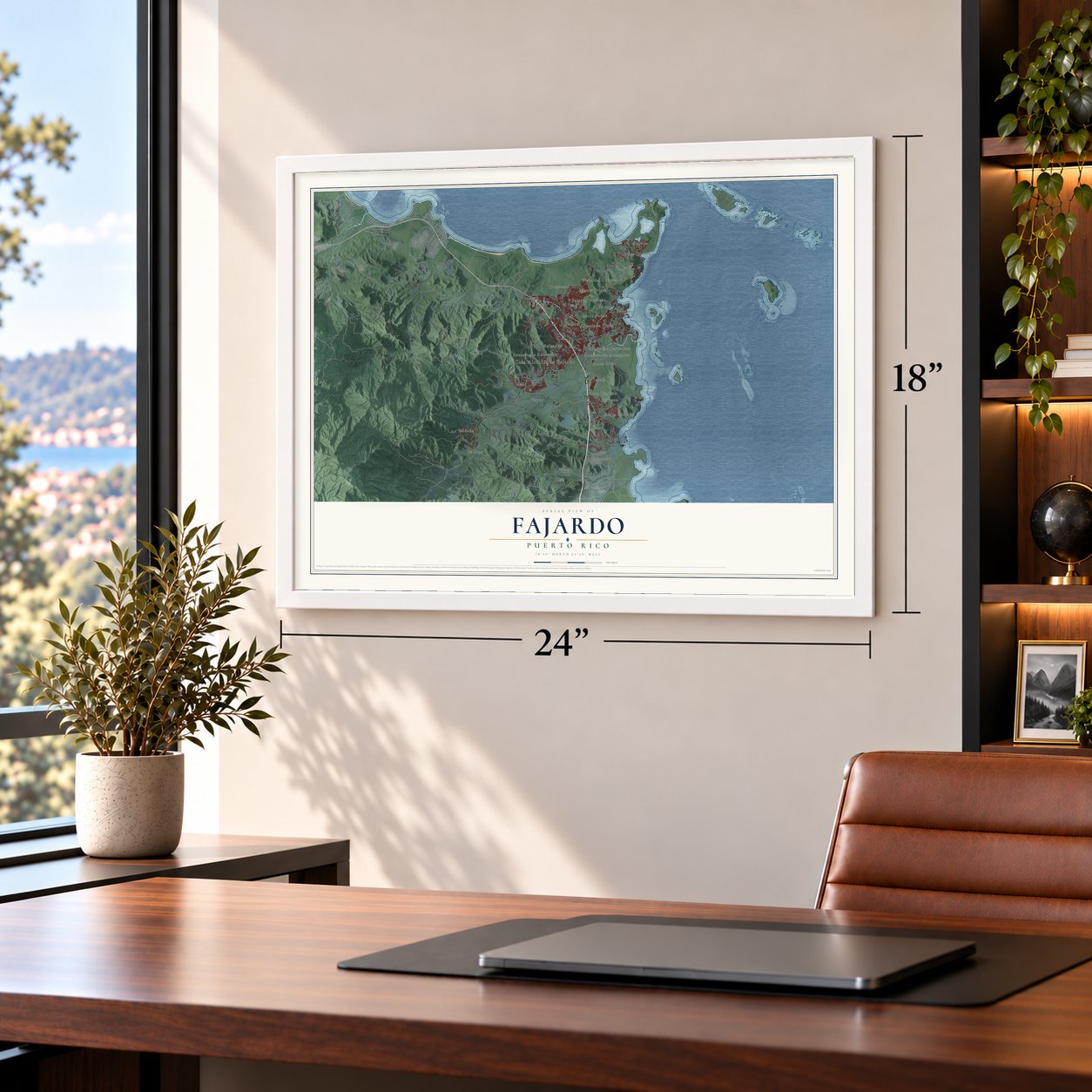Fajardo, Puerto Rico map, 18 x 24 inch print in a white frame in a home office