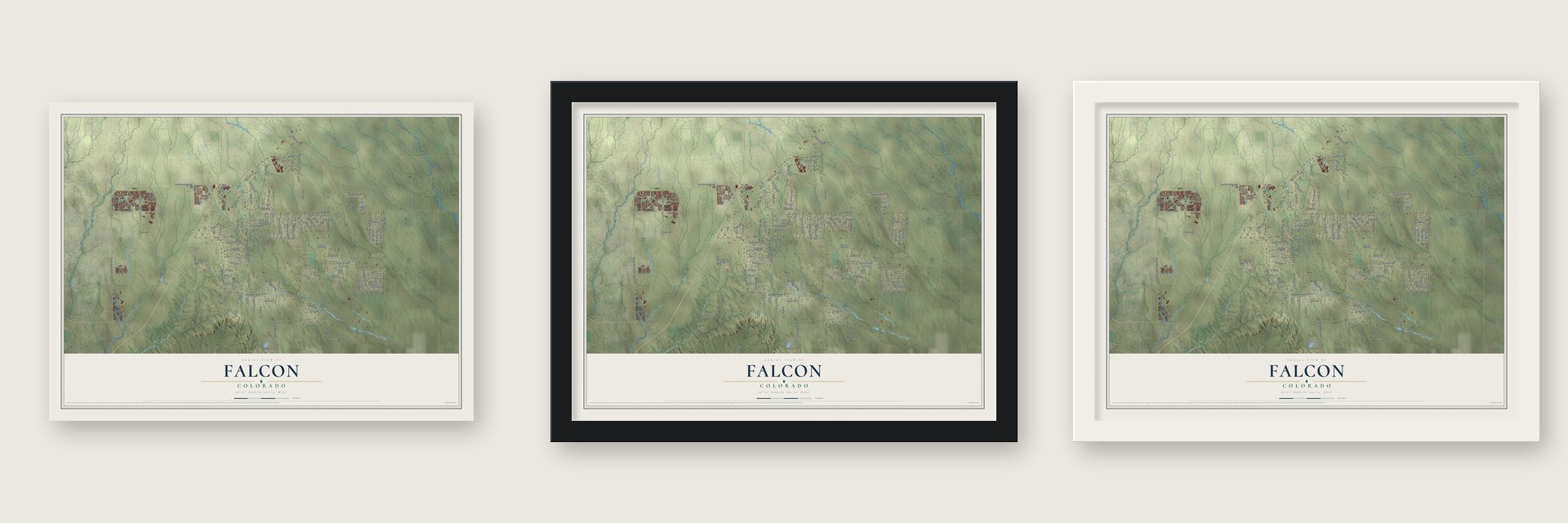 Falcon, Colorado map unframed, in a black wood frame and in a white wood frame
