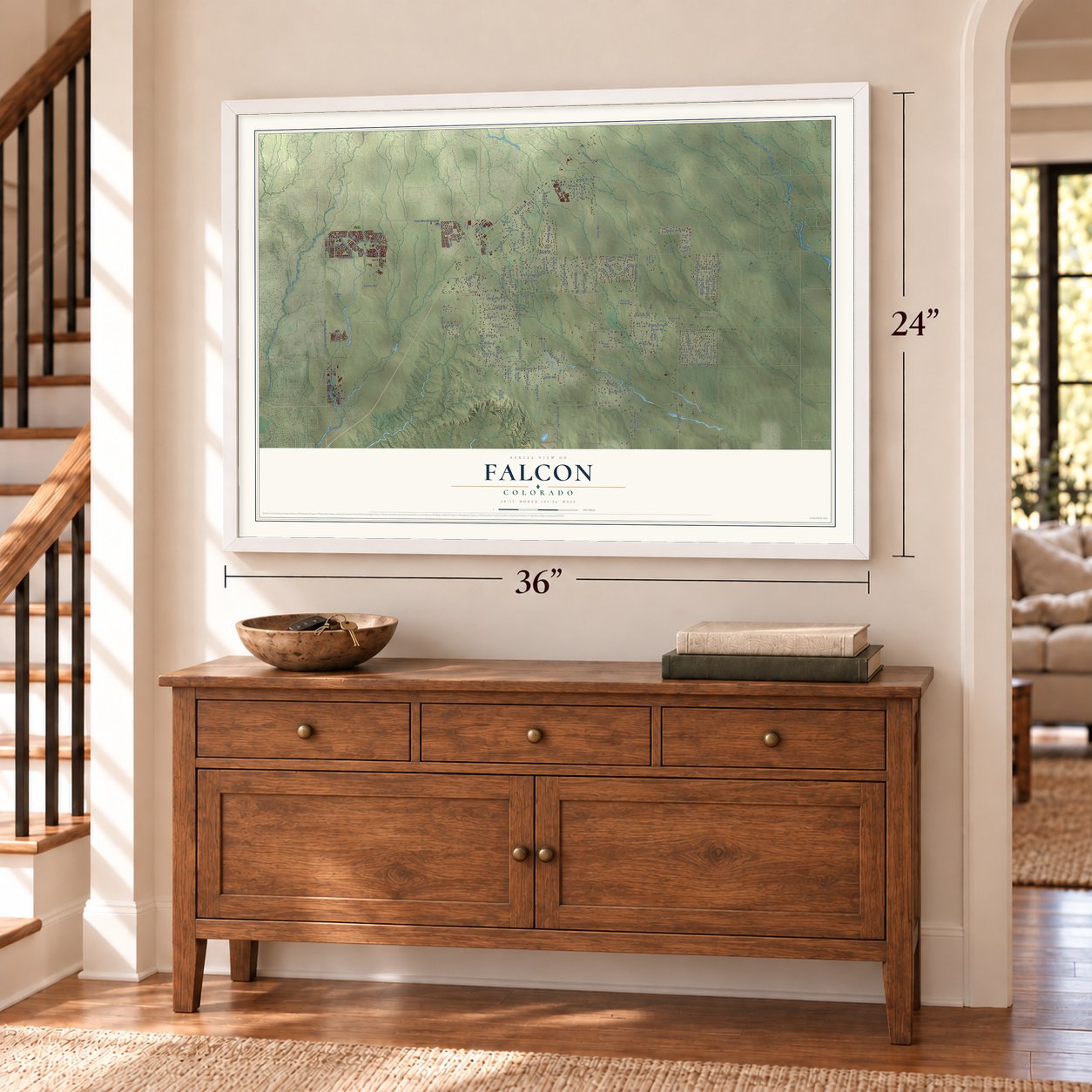 Falcon, Colorado map, 24 x 36 inch print in a white frame above a dresser by a staircase