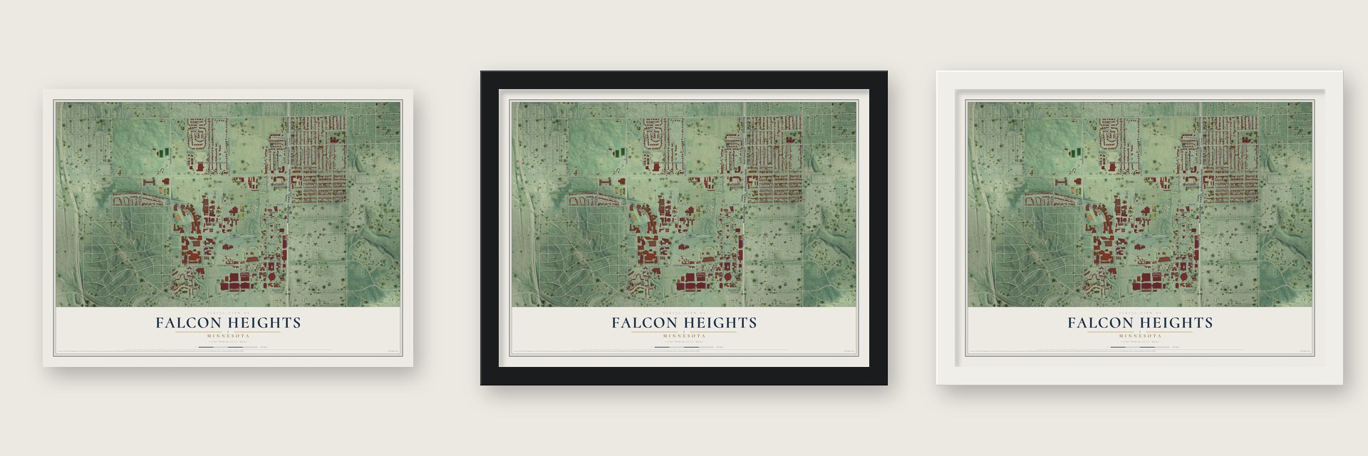 Falcon Heights, Minnesota map unframed, in a black wood frame and in a white wood frame