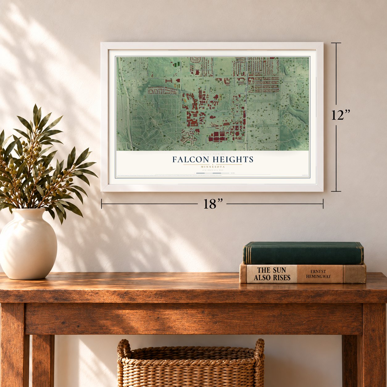 Falcon Heights, Minnesota map, 12 x 18 inch print in a white frame in an entryway
