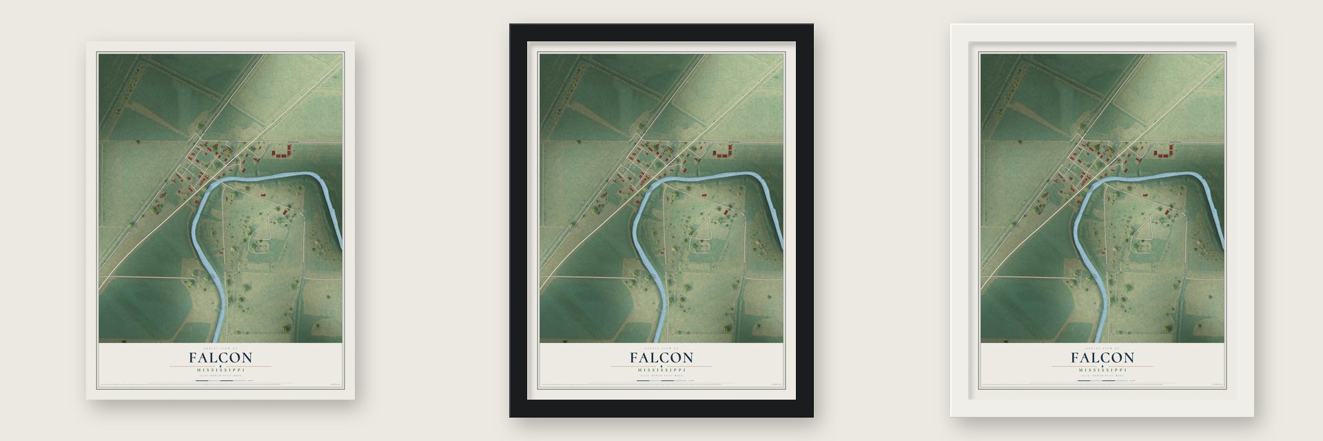 Falcon, Mississippi map unframed, in a black wood frame and in a white wood frame