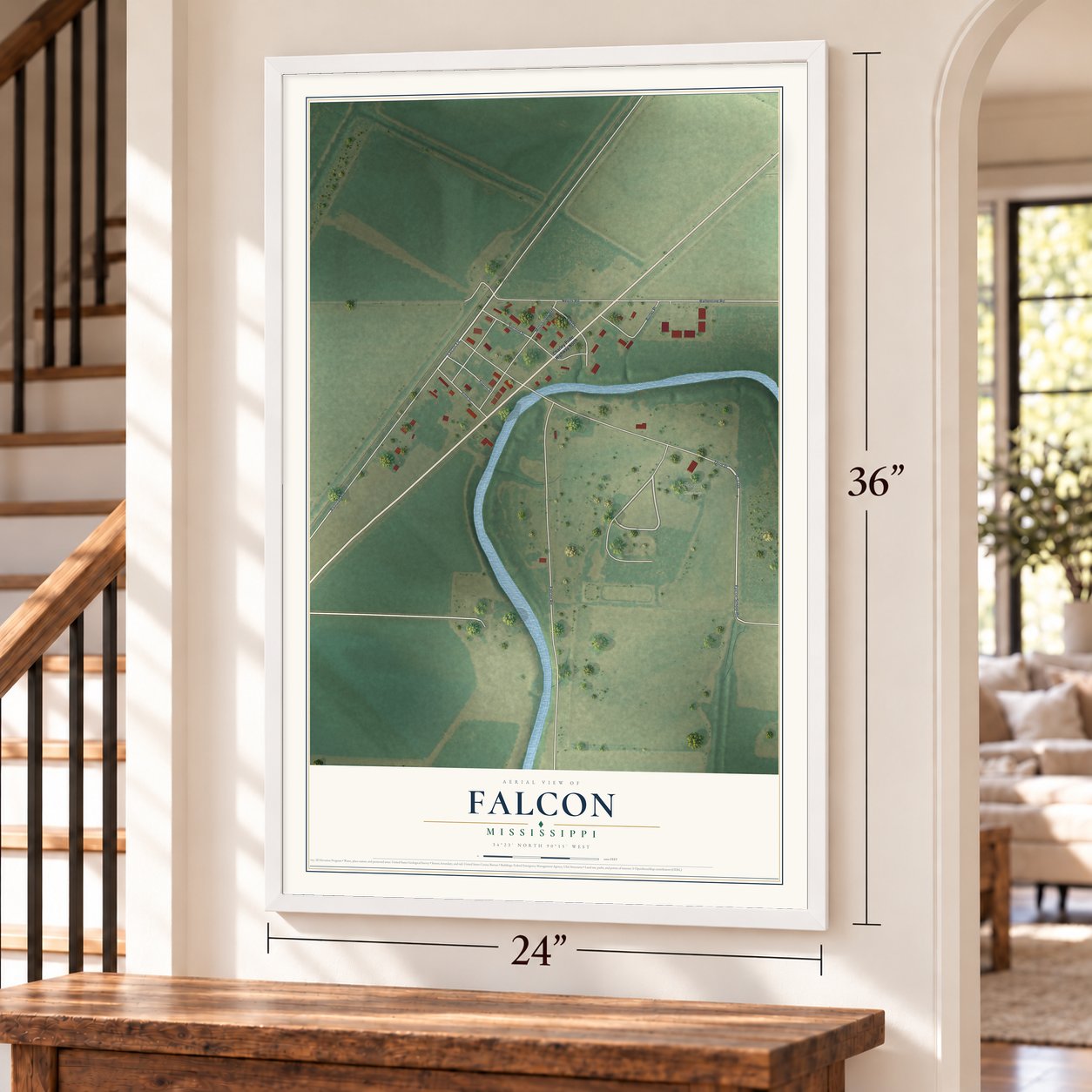 Falcon, Mississippi map, 24 x 36 inch print in a white frame by a staircase