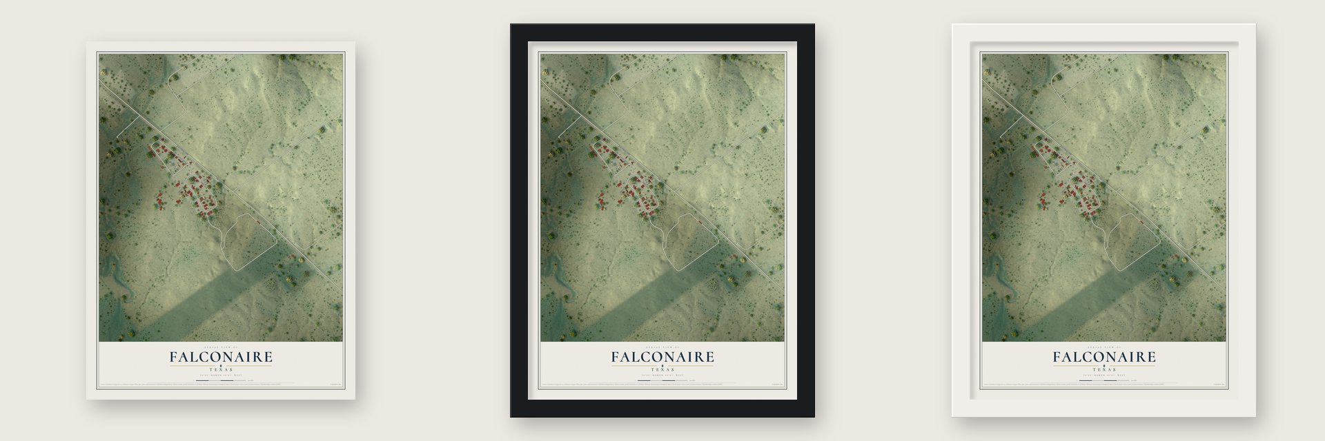 Falconaire, Texas map unframed, in a black wood frame and in a white wood frame