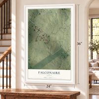 Falconaire, Texas map, 24 x 36 inch print in a white frame by a staircase