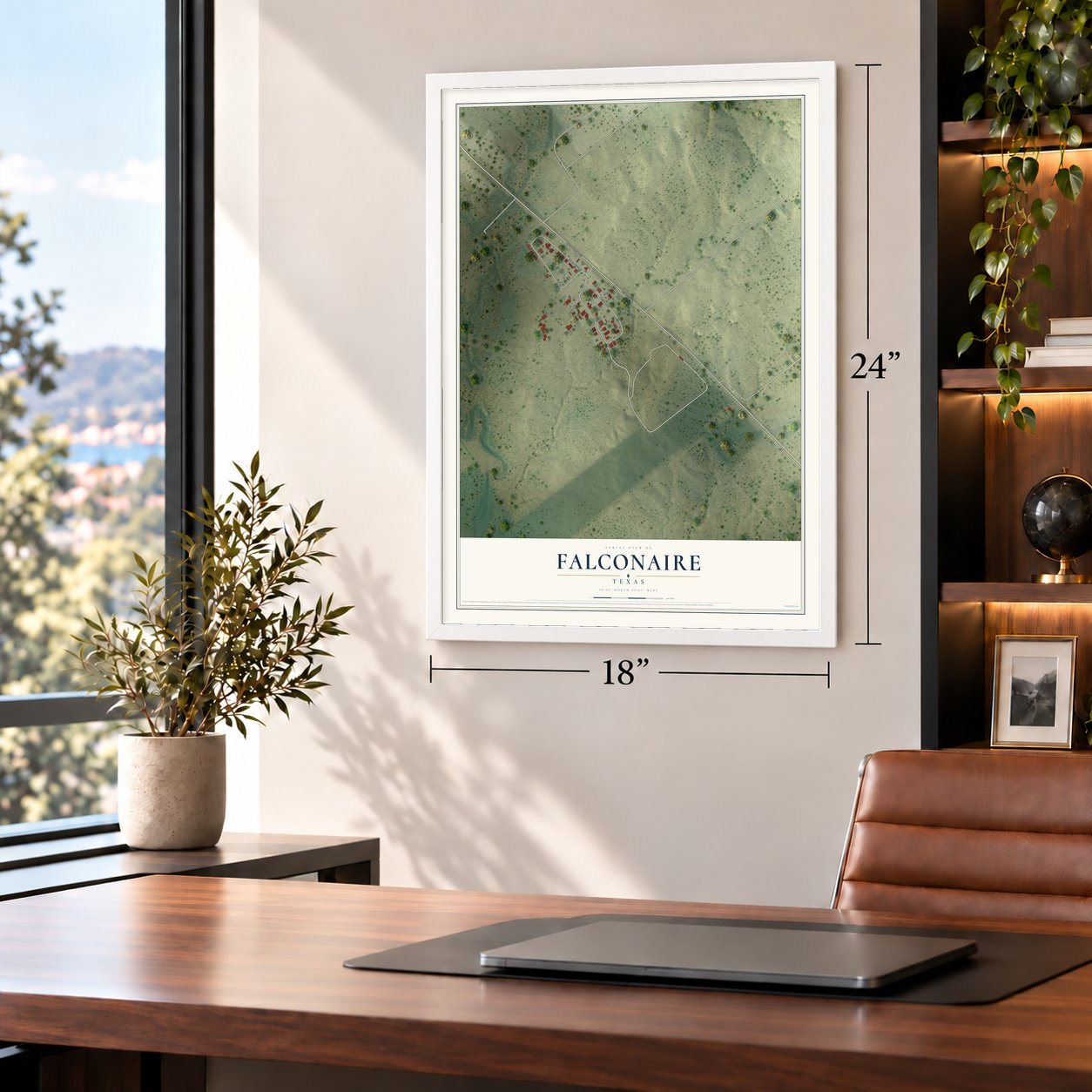 Falconaire, Texas map, 18 x 24 inch print in a white frame in a home office