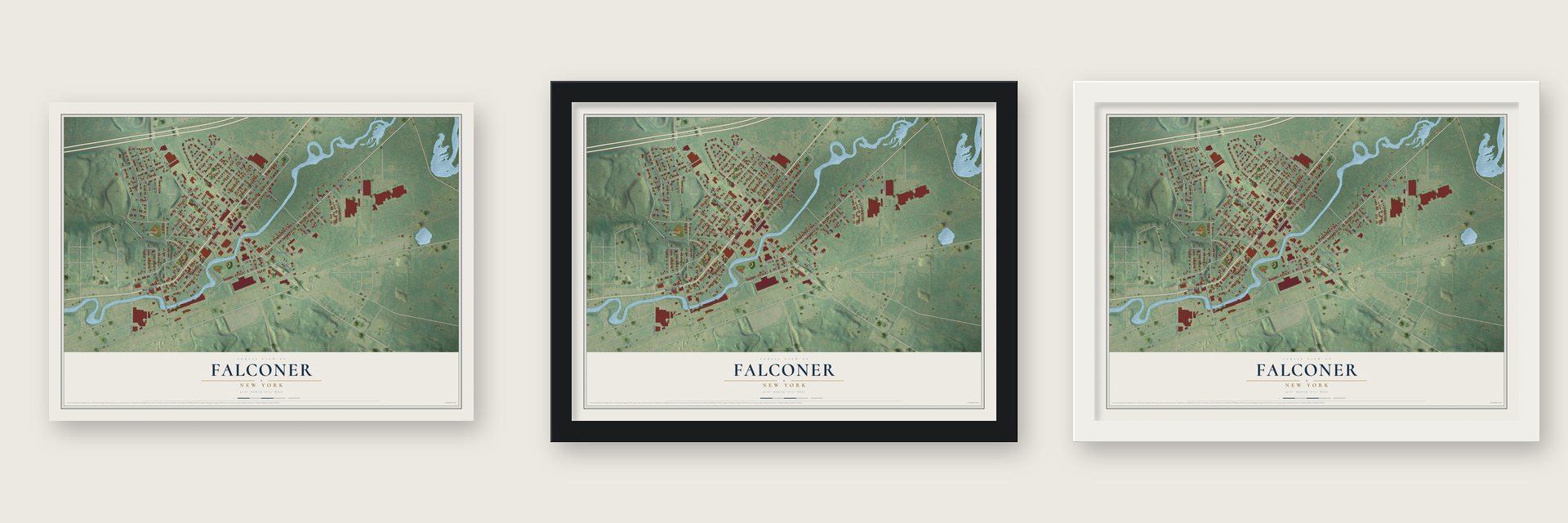 Falconer, New York map unframed, in a black wood frame and in a white wood frame