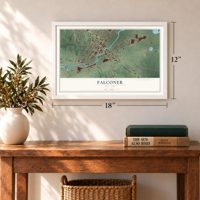 Falconer, New York map, 12 x 18 inch print in a white frame in an entryway