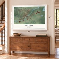 Falconer, New York map, 24 x 36 inch print in a white frame above a dresser by a staircase