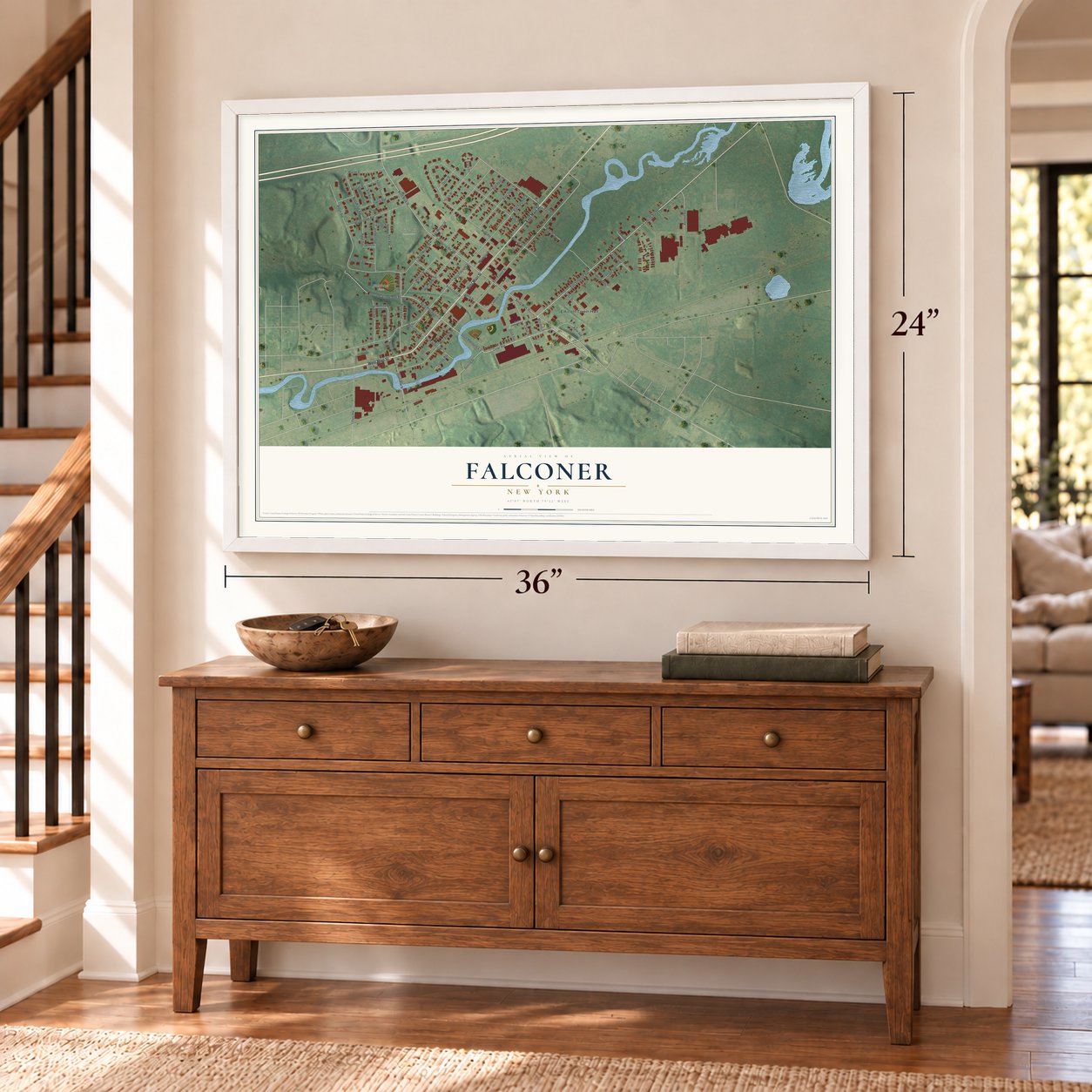 Falconer, New York map, 24 x 36 inch print in a white frame above a dresser by a staircase