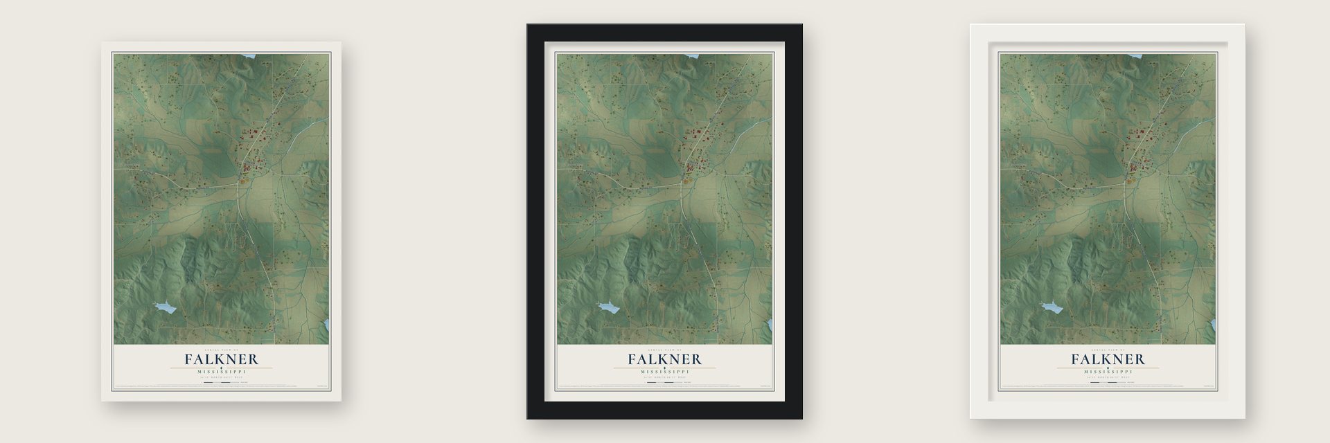 Falkner, Mississippi map unframed, in a black wood frame and in a white wood frame
