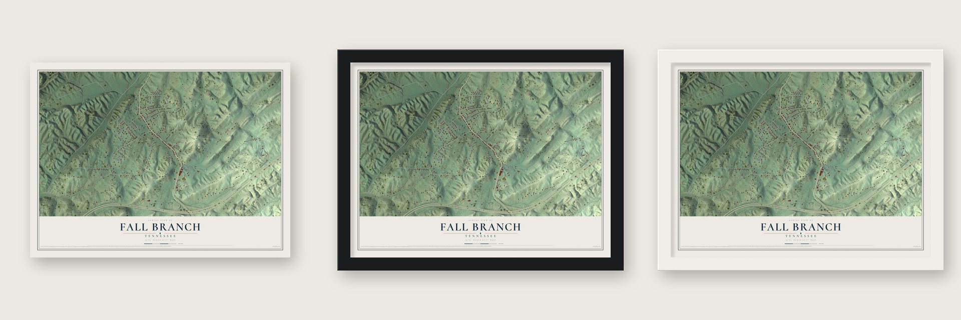 Fall Branch, Tennessee map unframed, in a black wood frame and in a white wood frame