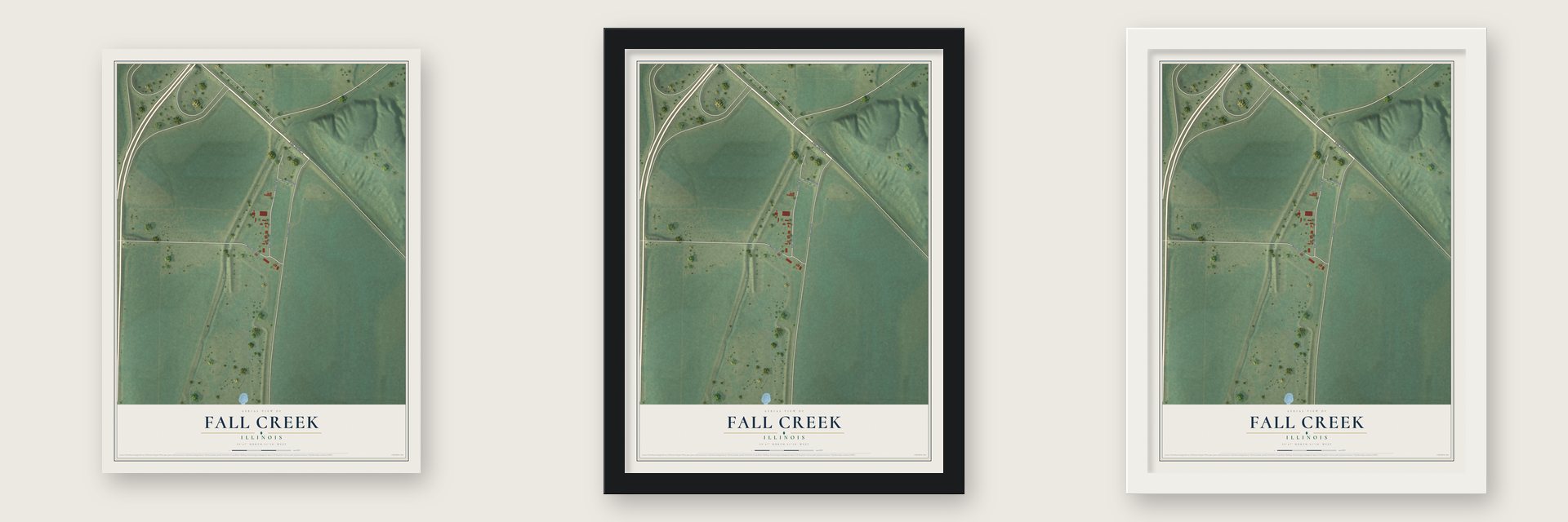 Fall Creek, Illinois map unframed, in a black wood frame and in a white wood frame
