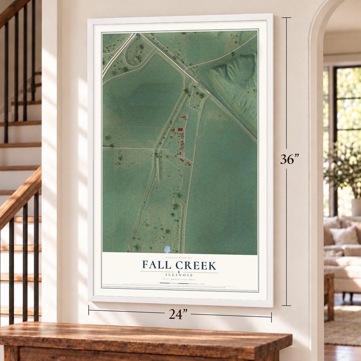 Fall Creek, Illinois map, 24 x 36 inch print in a white frame by a staircase