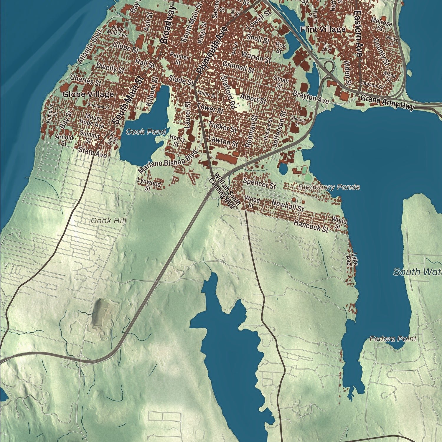 Close-up of the map of Fall River, Massachusetts print showing terrain and local geography