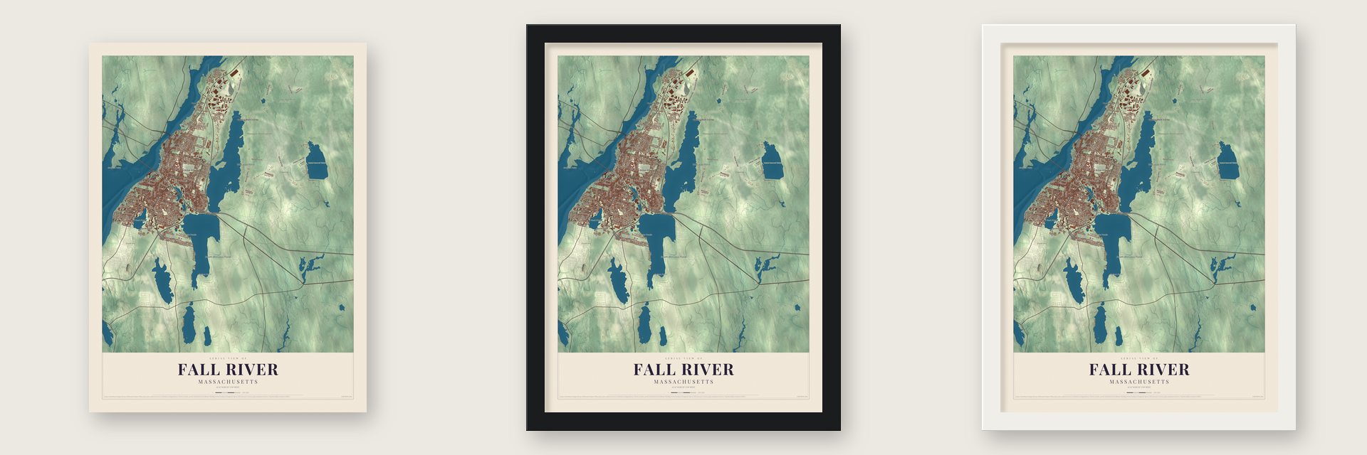 Fall River, Massachusetts map unframed, in a black wood frame and in a white wood frame