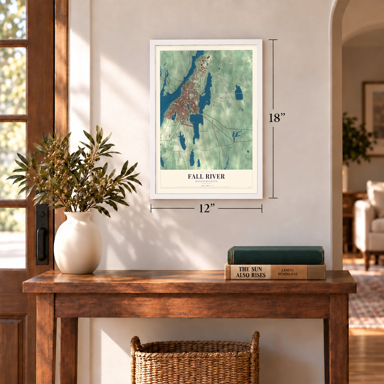 Fall River, Massachusetts map, 12 x 18 inch print in a white frame in an entryway