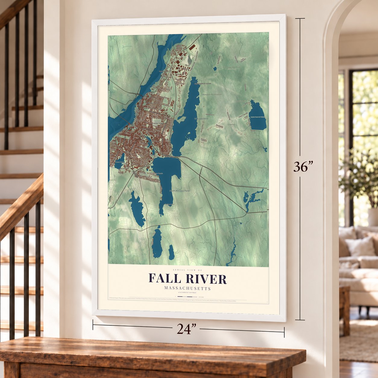 Fall River, Massachusetts map, 24 x 36 inch print in a white frame by a staircase