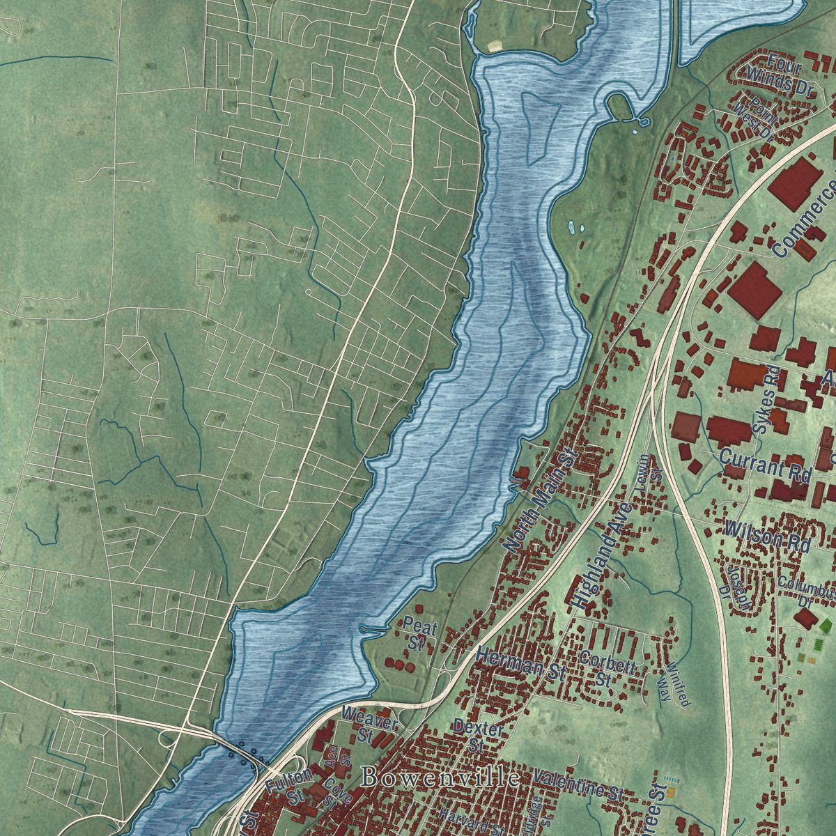 Second close-up of the map of Fall River, Massachusetts print showing more streets and buildings