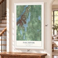 Fall River, Massachusetts map, 24 x 36 inch print in a white frame by a staircase